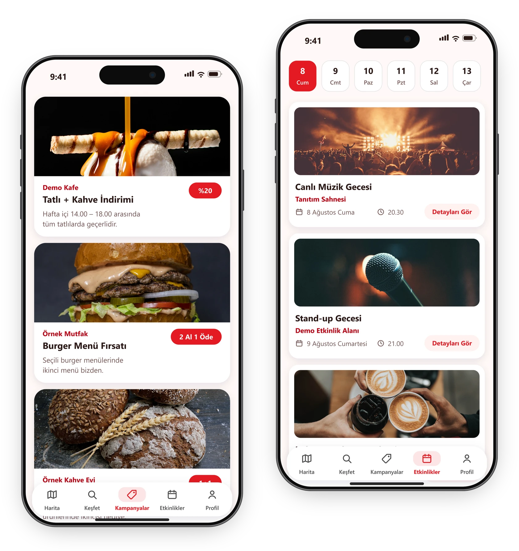 gastroloca kampanyalar ve etkinlikler ekranlarını gösteren iki telefon: örnek kampanya kartları ve tarihe göre etkinlik listesi
