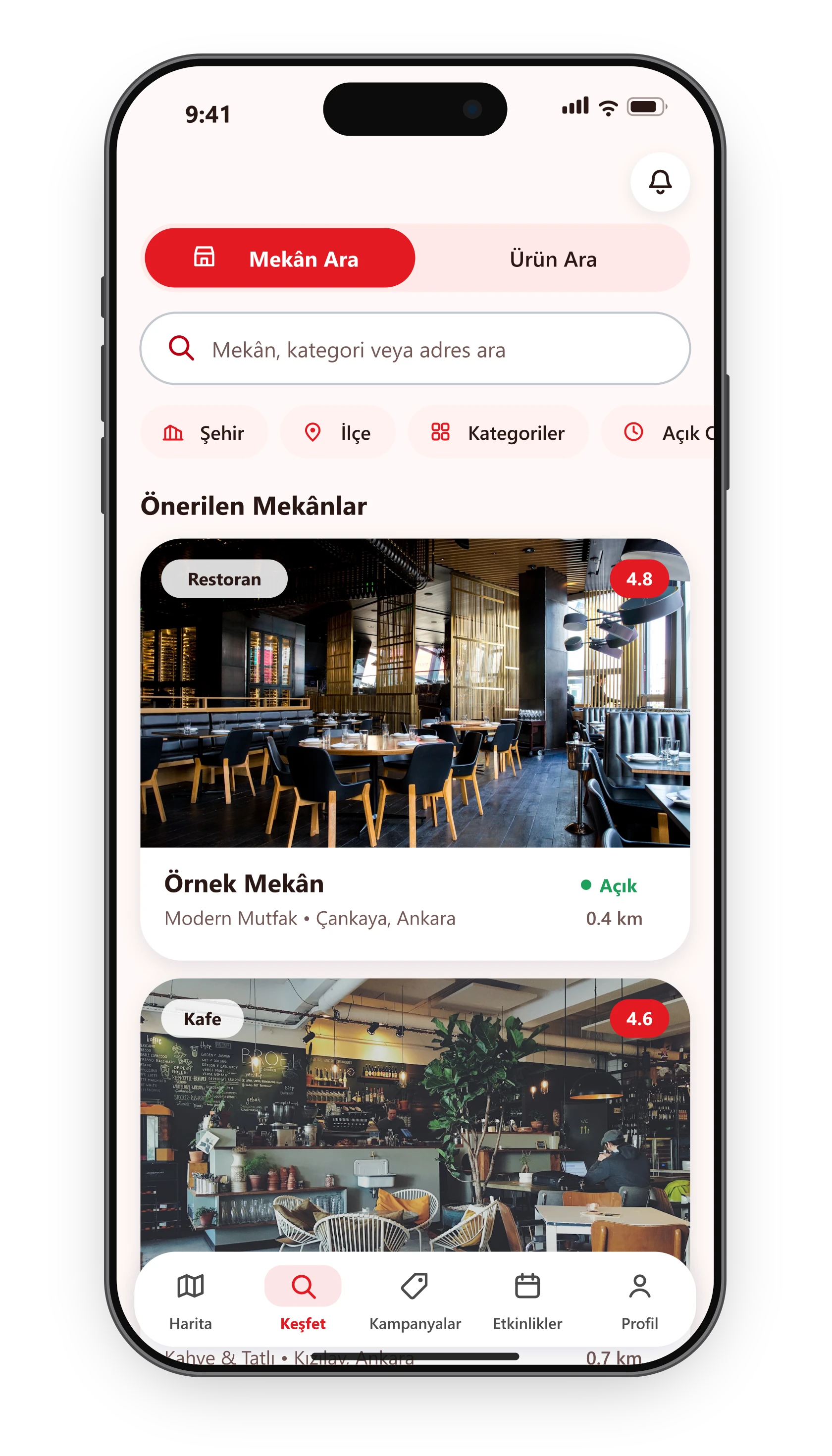 gastroloca uygulamasının keşfet ekranını gösteren telefon: mekân ve ürün arama, filtreler ve önerilen mekânlar