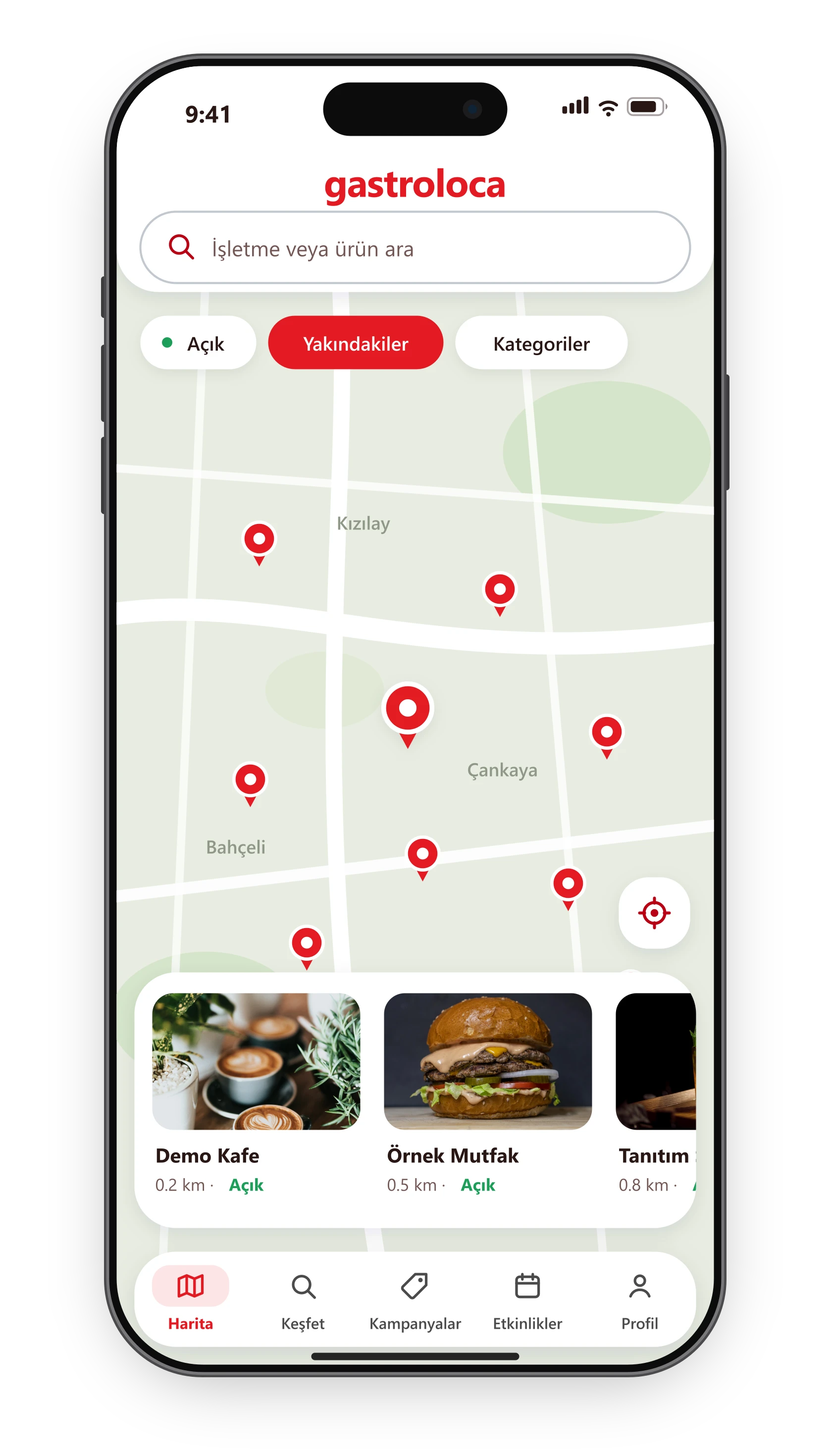 gastroloca harita ekranını gösteren telefon: harita üzerinde işletme pinleri, arama çubuğu ve yakındaki mekânlar